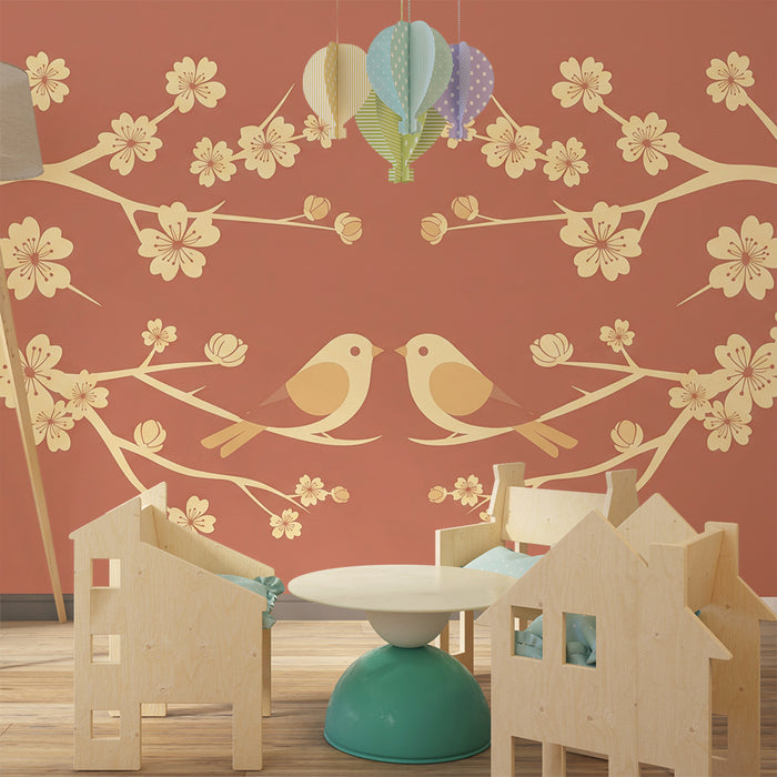 Papier peint chambre bébé | Oiseaux amoureux sous les fleurs de cerisier