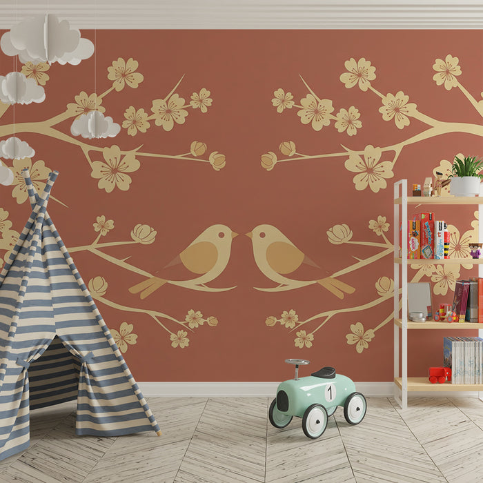 Papier peint chambre bébé | Oiseaux amoureux sous les fleurs de cerisier