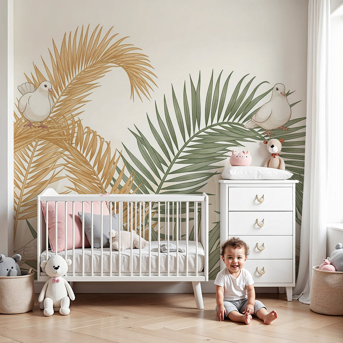Papel pintado para habitación de bebé | Pájaros blancos posados entre palmeras de colores