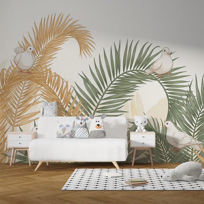 Papel pintado para habitación de bebé | Pájaros blancos posados entre palmeras de colores