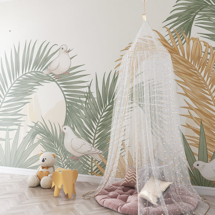 Papel pintado para habitación de bebé | Pájaros blancos posados entre palmeras de colores
