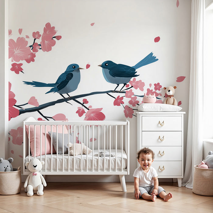 Papel pintado infantil | Pájaros azules posados en una rama de cerezo en flor
