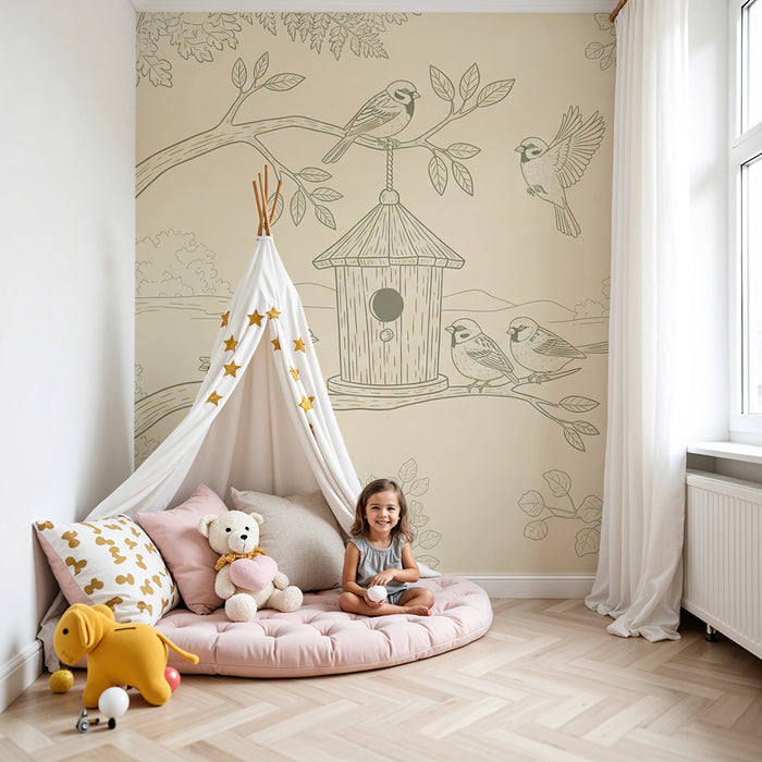 Papier peint chambre bébé | Oiseaux chantants autour d'une maison de jardin