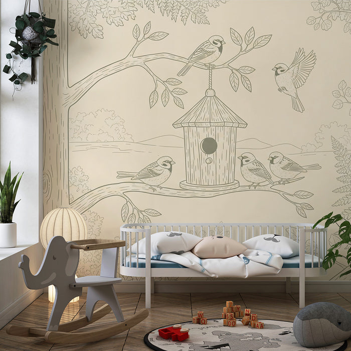 Papier peint chambre bébé | Oiseaux chantants autour d'une maison de jardin