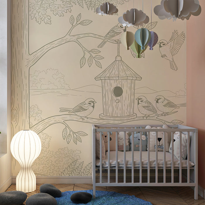Papier peint chambre bébé | Oiseaux chantants autour d'une maison de jardin