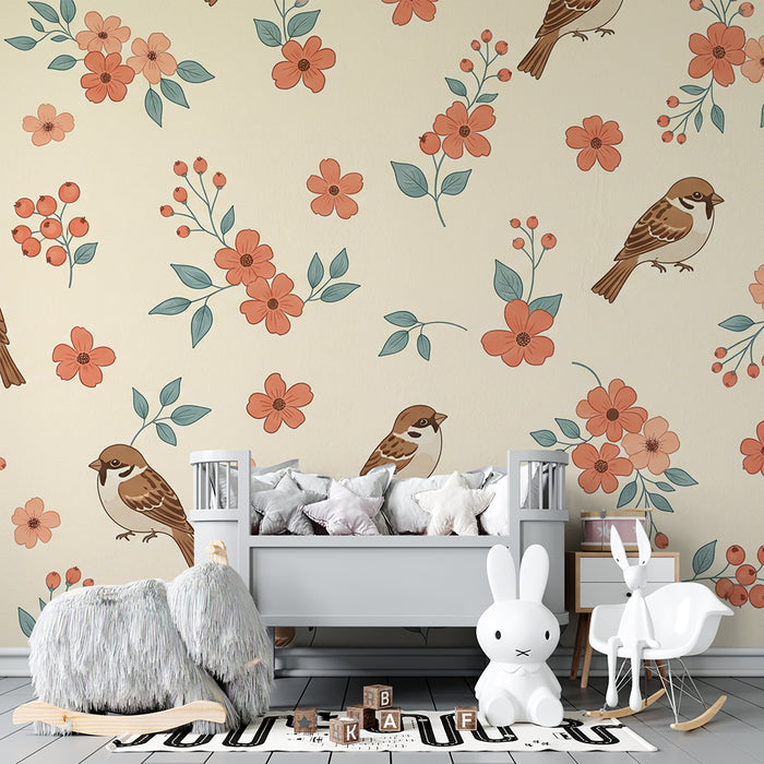 Tapet cameră bebeluși | Păsări cântătoare și flori delicate pe fundal crem