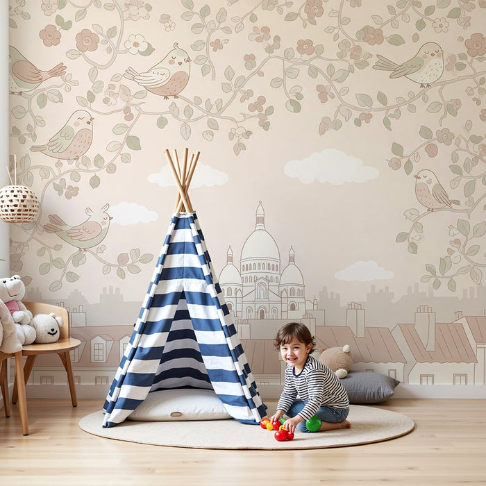 Baby room wallpaper | Singing birds and delicate flowers on a pastel background