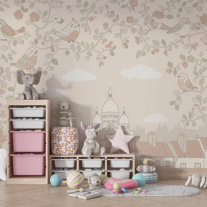 Baby room wallpaper | Singing birds and delicate flowers on a pastel background