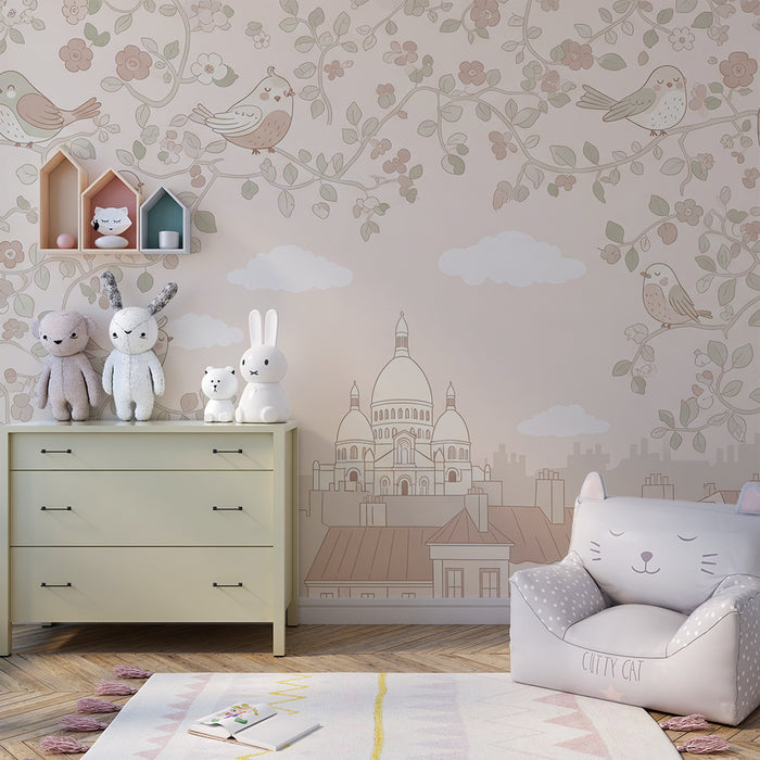 Baby room wallpaper | Singing birds and delicate flowers on a pastel background