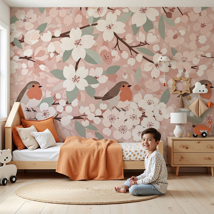 Papel pintado para habitación de bebé | Pájaros cantando entre flores delicadas