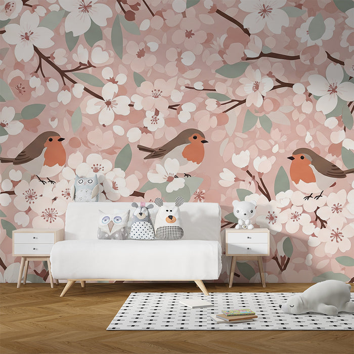 Papel pintado para habitación de bebé | Pájaros cantando entre flores delicadas