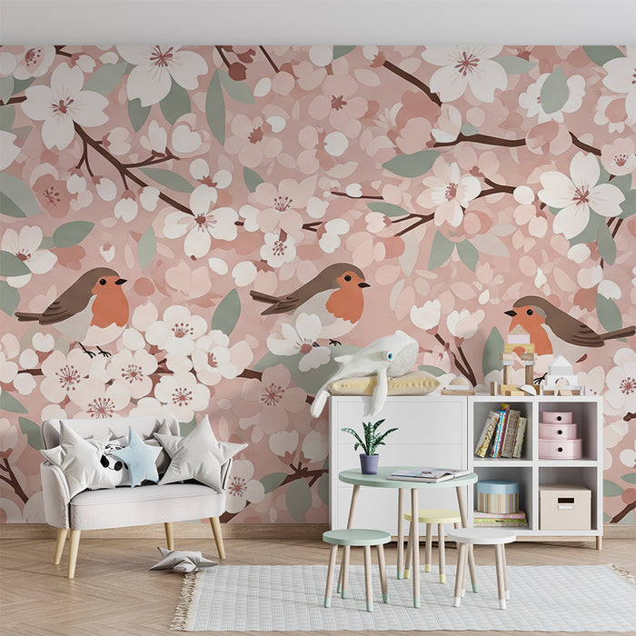 Papel pintado para habitación de bebé | Pájaros cantando entre flores delicadas