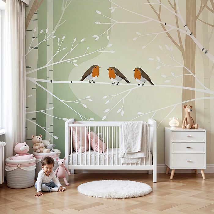 Papel pintado para habitación de bebé | Pájaros cantando en una rama entre los árboles
