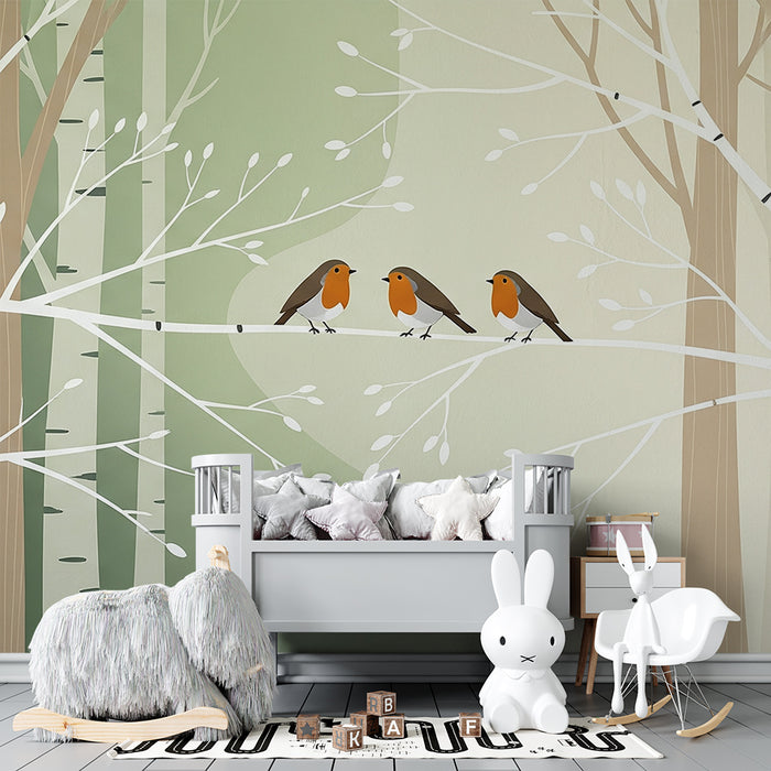 Papel pintado para habitación de bebé | Pájaros cantando en una rama entre los árboles
