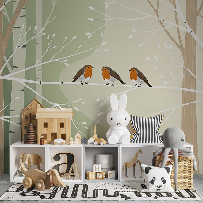 Papel pintado para habitación de bebé | Pájaros cantando en una rama entre los árboles