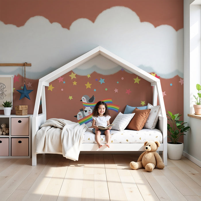 Papel de parede para quarto de bebé | Pássaros coloridos num céu estrelado com nuvens suaves