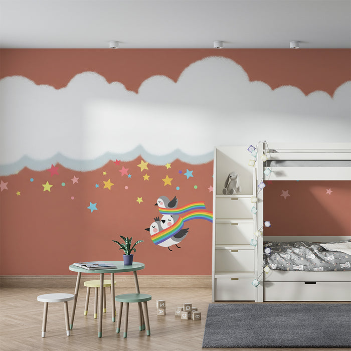 Papel de parede para quarto de bebé | Pássaros coloridos num céu estrelado com nuvens suaves