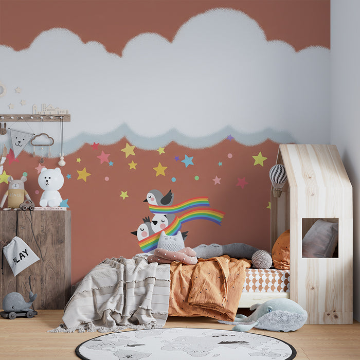 Papel de parede para quarto de bebé | Pássaros coloridos num céu estrelado com nuvens suaves