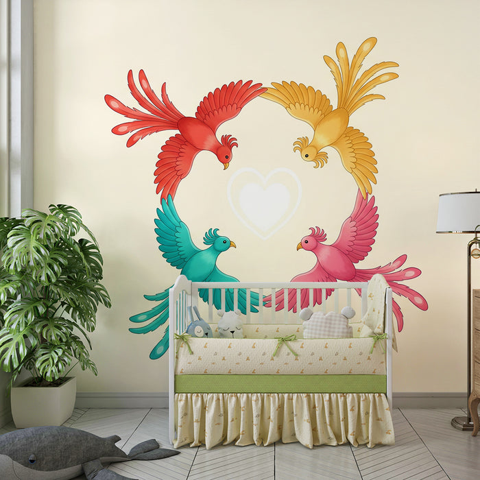 Lastenhuoneen tapetti | Värikkäät linnut ympyrässä sydämen keskellä