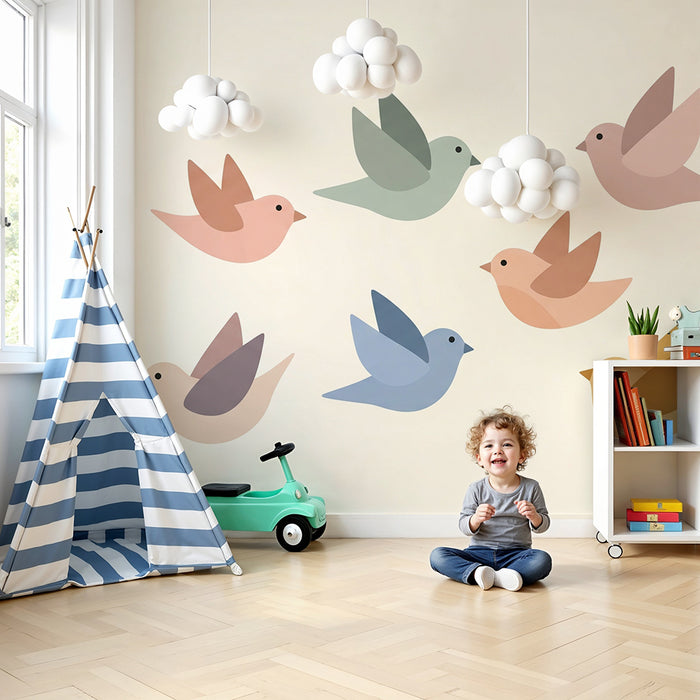 Papel de parede quarto bebê | Šareni ptice lete na nježnoj pozadini