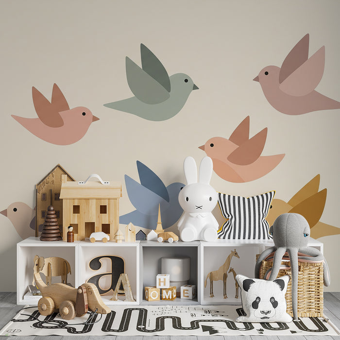 Papel de parede quarto bebê | Šareni ptice lete na nježnoj pozadini