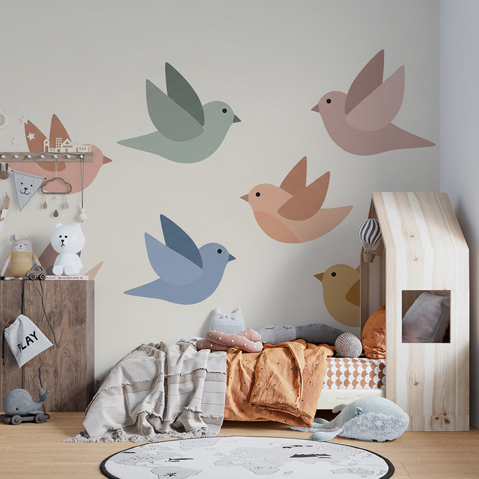 Papel de parede quarto bebê | Šareni ptice lete na nježnoj pozadini
