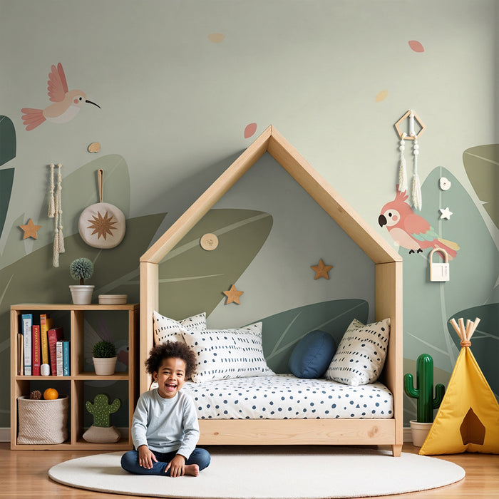 Papel pintado habitación bebé | Pájaros coloridos y follaje tropical