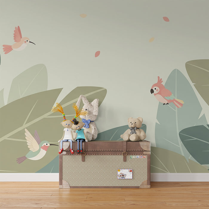 Papel pintado habitación bebé | Pájaros coloridos y follaje tropical
