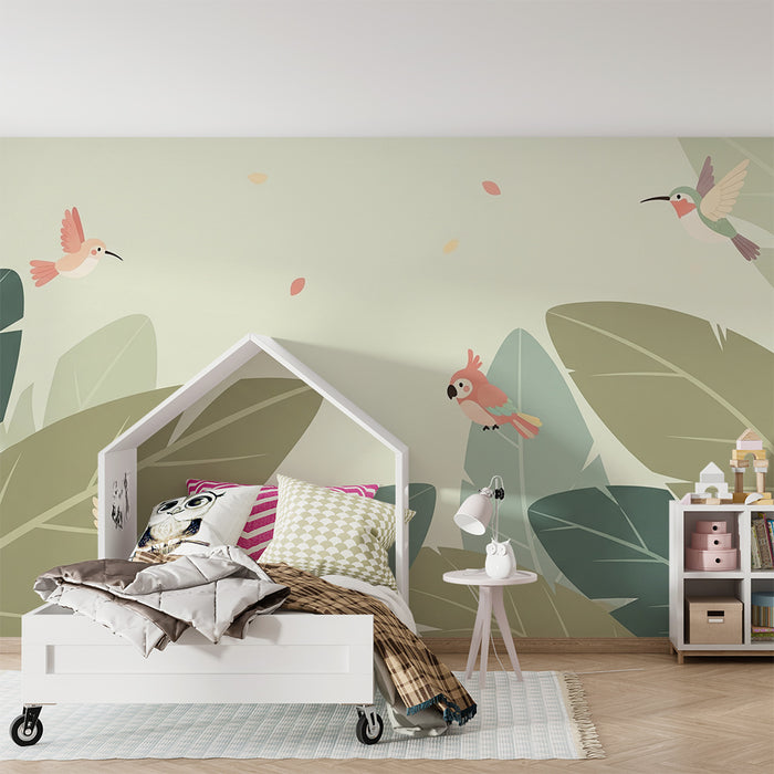 Papel pintado habitación bebé | Pájaros coloridos y follaje tropical