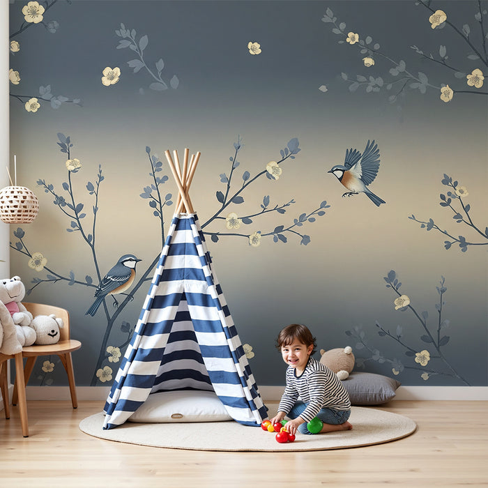 Papier peint chambre bébé | Oiseaux colorés et fleurs délicates sur fond apaisant