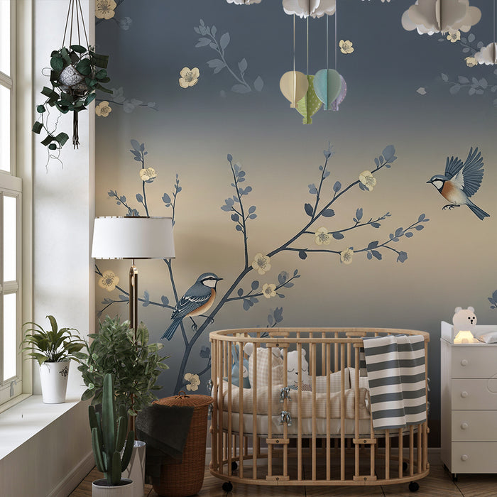 Papier peint chambre bébé | Oiseaux colorés et fleurs délicates sur fond apaisant