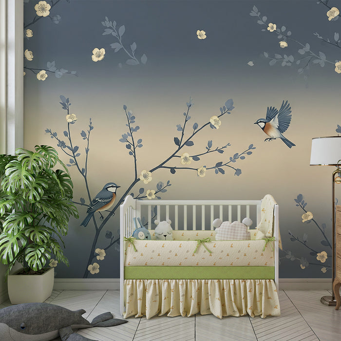 Papier peint chambre bébé | Oiseaux colorés et fleurs délicates sur fond apaisant