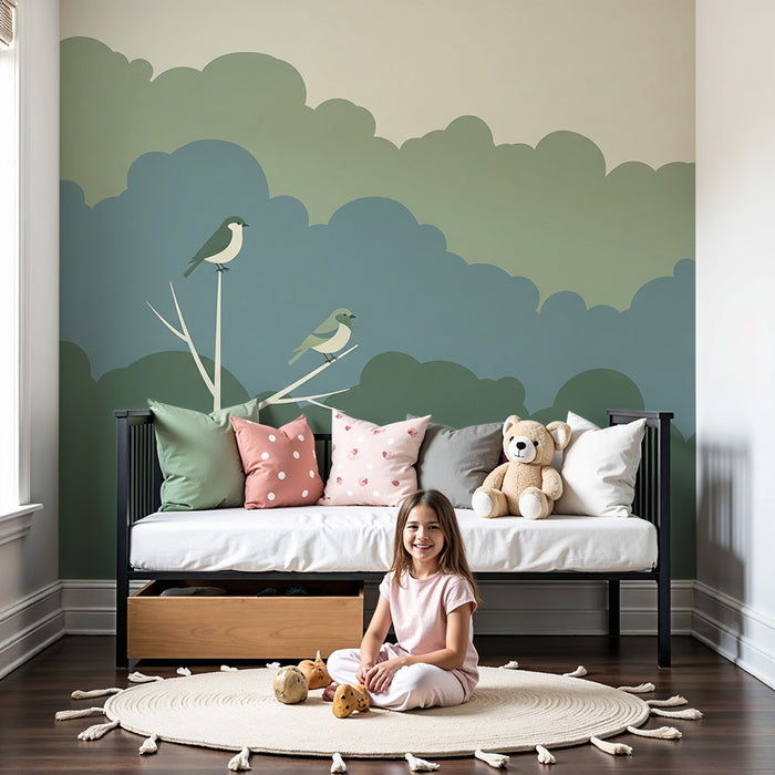 Papel pintado para habitación de bebé | Pájaros coloridos posados en árboles estilizados