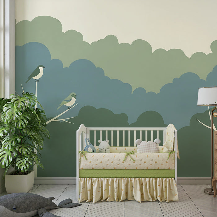 Papel pintado para habitación de bebé | Pájaros coloridos posados en árboles estilizados