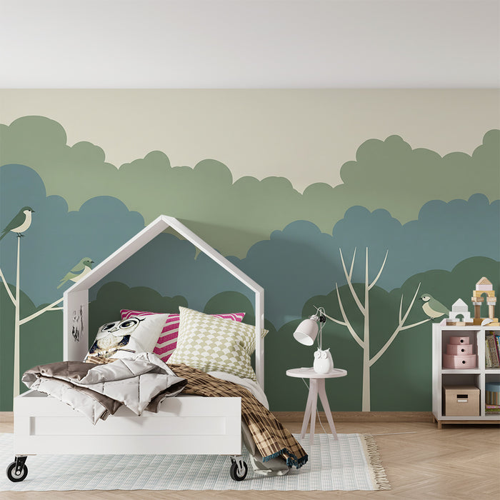 Papel pintado para habitación de bebé | Pájaros coloridos posados en árboles estilizados