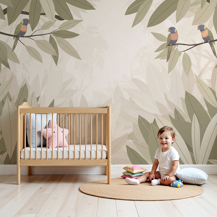 Papel pintado para habitación de bebé | Pájaros coloridos posados en ramas rodeados de vegetación suave