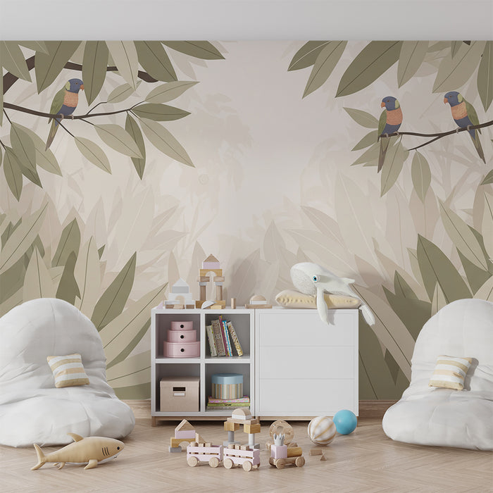 Papel pintado para habitación de bebé | Pájaros coloridos posados en ramas rodeados de vegetación suave
