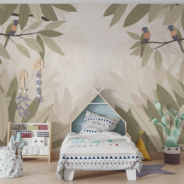Papel pintado para habitación de bebé | Pájaros coloridos posados en ramas rodeados de vegetación suave
