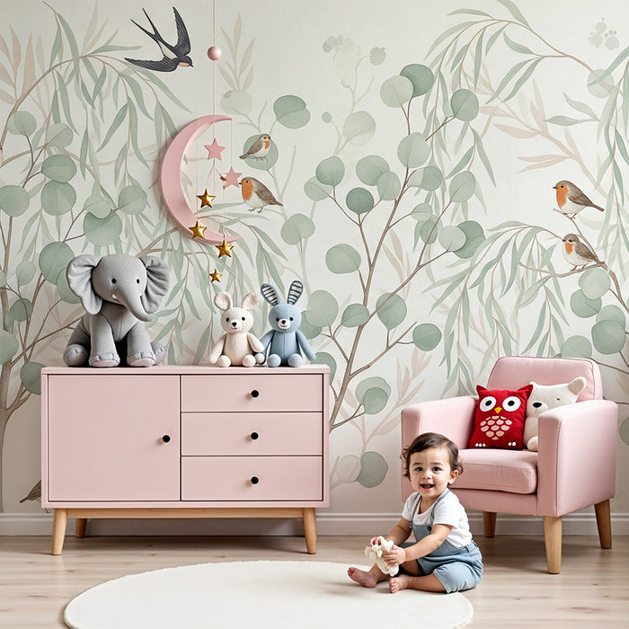 Baby room wallpaper | Colorful birds perched on leafy branches
