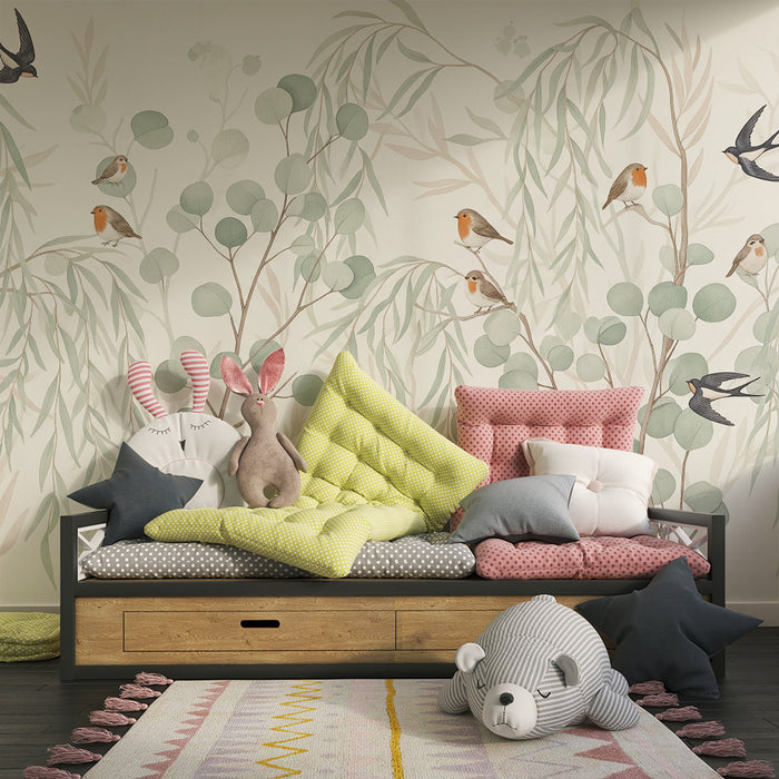 Baby room wallpaper | Colorful birds perched on leafy branches