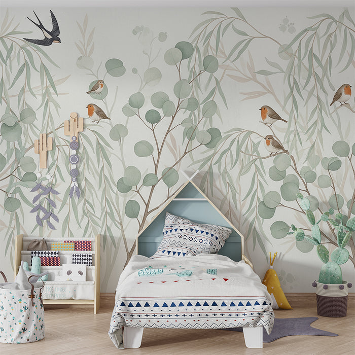 Baby room wallpaper | Colorful birds perched on leafy branches