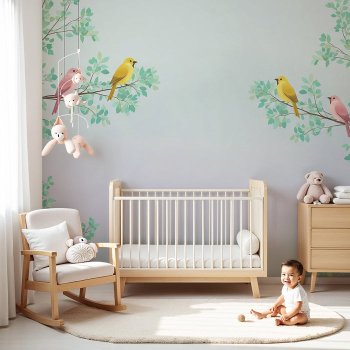 Tapet za dječju sobu | Šareni ptice na granama s lišćem