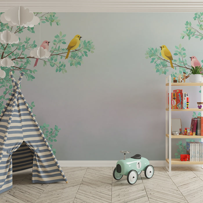 Tapet za dječju sobu | Šareni ptice na granama s lišćem