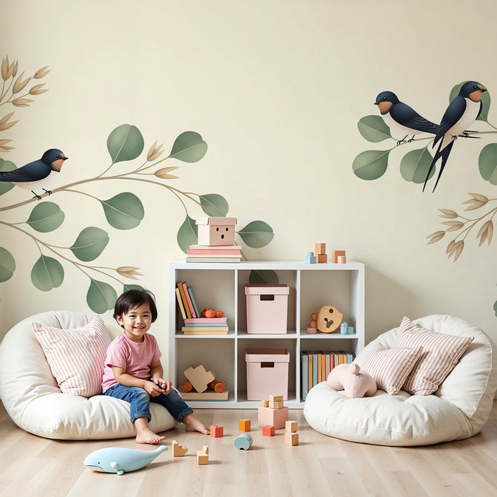 Papier peint chambre bébé | Oiseaux colorés posés sur des branches feuillues