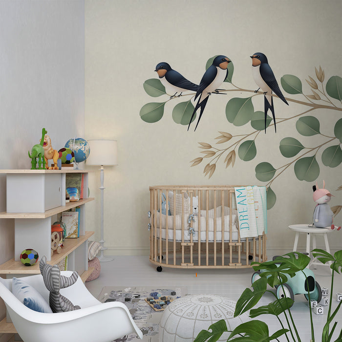Papier peint chambre bébé | Oiseaux colorés posés sur des branches feuillues