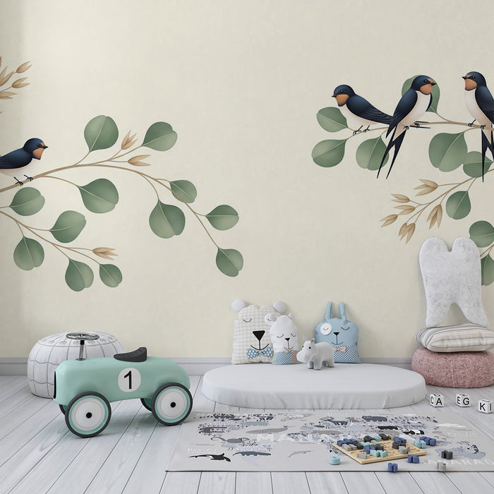 Papier peint chambre bébé | Oiseaux colorés posés sur des branches feuillues