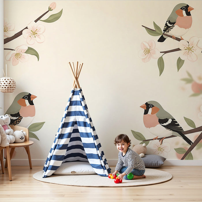 Papel pintado habitación bebé | Pájaros coloridos en ramas floridas