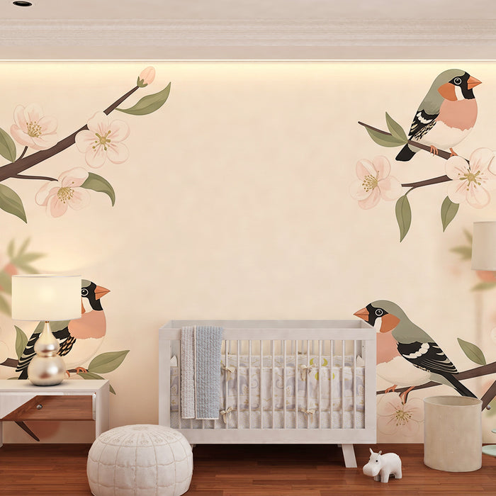 Papel pintado habitación bebé | Pájaros coloridos en ramas floridas