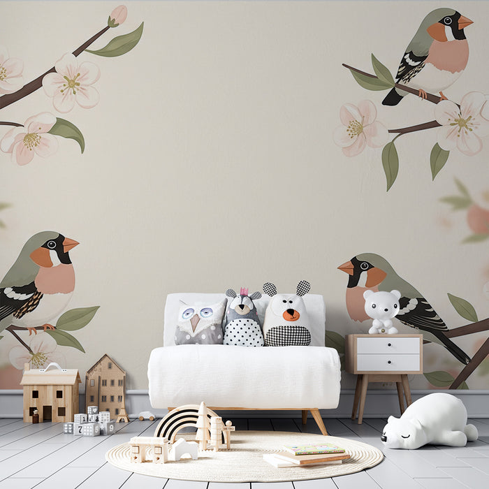 Papel pintado habitación bebé | Pájaros coloridos en ramas floridas