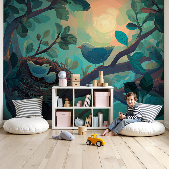 Papel de parede quarto bebê | Pássaros em um ninho sob um céu brilhante
